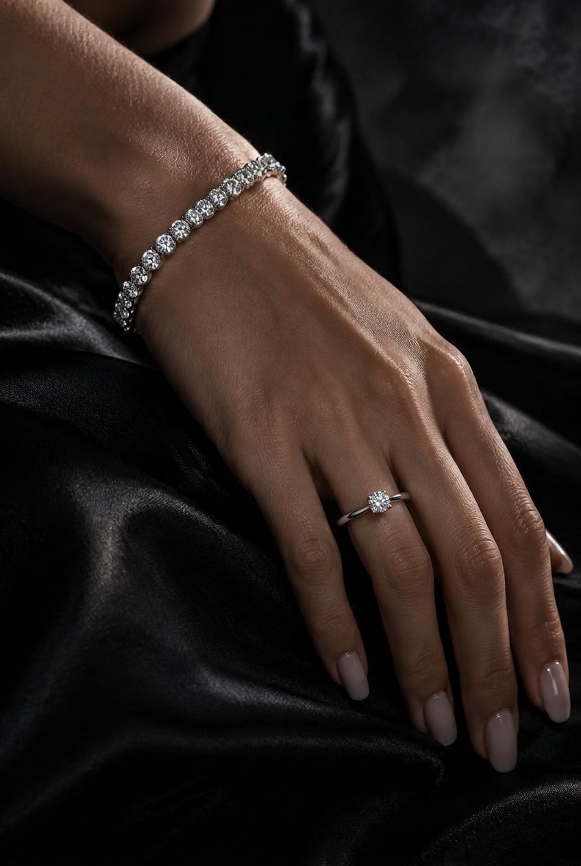 Hand wearing a moissanite tennis bracelet and solitaire ring on black silk in dramatic light