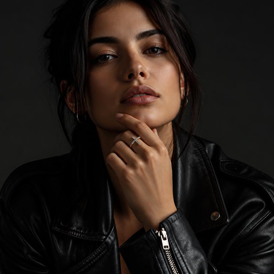 Woman wearing the ORVEZI Cross Ring